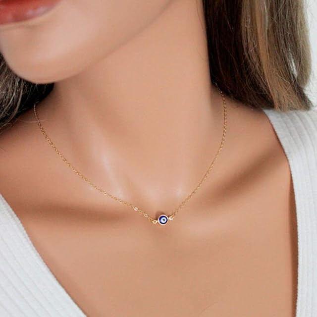 TseenYi Round Blue Evil Eye Pendant Necklace Fashion Simple Choker Necklace Adjustable Clavicle Chain Jewelry for Women and Girls