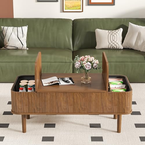 Image of Fluted Lift Top Coffee Table with Storage, Mid Century Modern Coffee Table for Living Room, Home Small Space,39.4 inch Fluted Center Table (Rectangle-Walnut, 39.4inch)