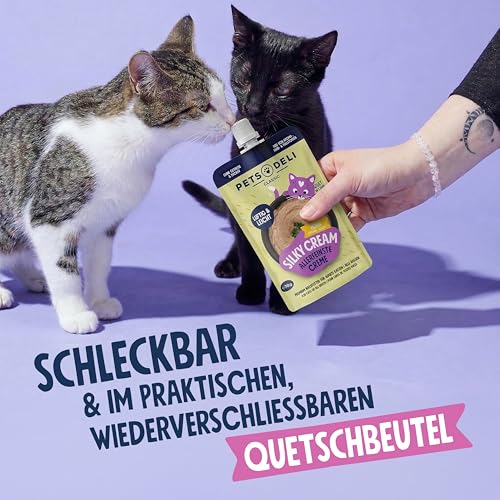 Pets Deli Silky Cream Katzen Nassfutter Quetschbeutel Huhn, schleckbar, geeignet für Katzen ohne Zähne, getreidefrei, ohne Zucker, 12x70g, Premium Qualität