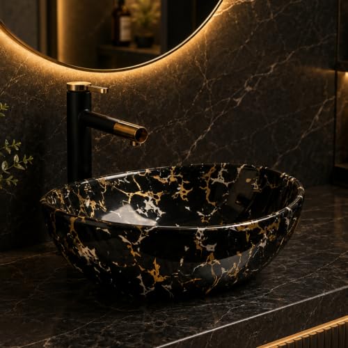 Image of Ceramic Tabletop Wash Basin - Glossy Bowl Shape Countertop Vessel Sink with Marble Finish for Bathroom & Vanity | Compact 16 x 13 x 5 Inch | Elegant Washbasin
