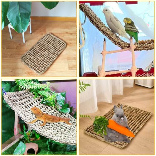 Image of Large Bird Seagrass Mat 24 x 14 ''Natural Seagrass Woven Bird Net Hammock Climbing Rope Ladder with Hooks Chew Toy for Parrot Guinea Pig Lovebird Cockatiel Pigeon