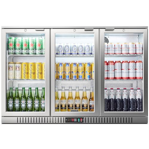 Image of BODEGA BODEGACOOLER Back Bar Cooler, 11.4 Cu.Ft Stainless Steel Commercial Bar Fridge with 3 Glass Doors,Counter Height Bar Beverage Cooler with LED Lighting for Beer,Soda Drinks,Wine