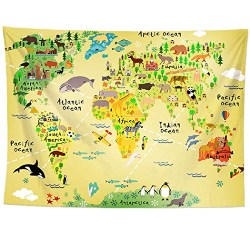 izielad Mapa do mundo tapete tapete de animais pendurado na parede mapa de distribuição de animais do mundo de desenhos animados manta de parede para crianças quarto sala de estar decoração do quarto 73 x 95 cm 28,7 x 37,4 IN