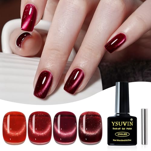 YSUVIN Esmaltes Semipermanentes para Uñas, 4 Colores Rojo Burdeos Marrón 9D Cat Eye Magnético Pintauñas Gel con Palo Magnético Soak Off UV/LED Esmalte Uñas Art DIY Set, 8 ML