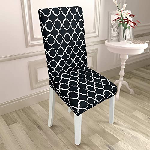 Image of House of Quirk Elastic Chair Cover Stretch Removable Washable Short Dining Chair Cover Protector Seat Slipcover (Pack of 2, Black Laltern)