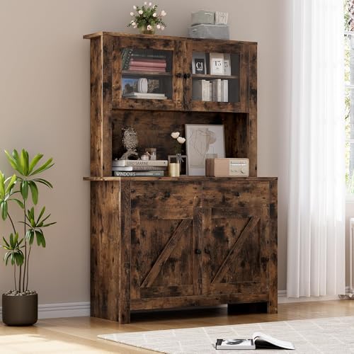 GarveeHome Kitchen Pantry Cabinet with Microwave Stand, Freestanding Hutch Cabinet with Buffet Cupboard, Tall Kitchen Cabinets with Adjustable Shelves for Dining Room, Brown