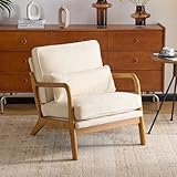 Karl home Mid Century Modern Accent Chair with Lumbar Pillow & Oak Arms – Plush Chenille Living Room Chair for Bedroom, Lounge (Creamy)