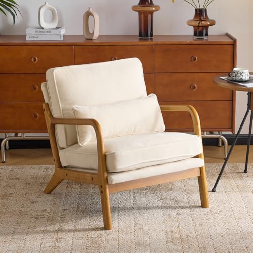 Karl home Mid Century Modern Accent Chair with Lumbar Pillow & Oak Arms โ Plush Chenille Living Room Chair for Bedroom, Lounge (Creamy)