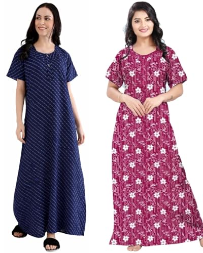 Image of Women Cotton Nighty Combo Pack of 2, Printed Maxi Nighty Gown, Short Sleeve Cotton Nightdress, Soft Breathable Ankle Length Sleepwear Nightwear for Ladies, Free Size