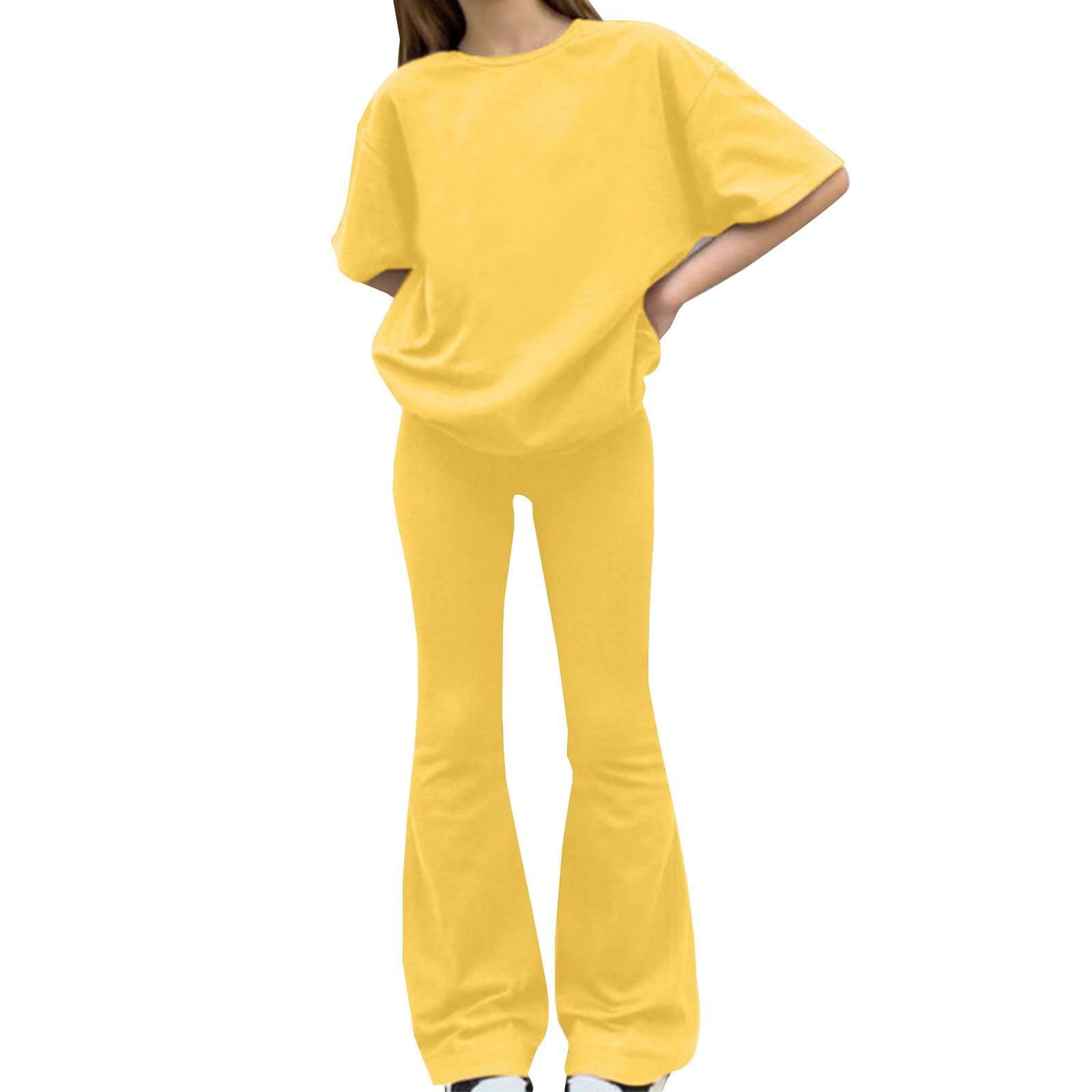 Conjunto de leggings acampanados de gran tamaño para niñas adolescentes, camisetas de manga corta y pantalones acampanados, conjunto deportivo de color sólido, traje deportivo de verano, casual