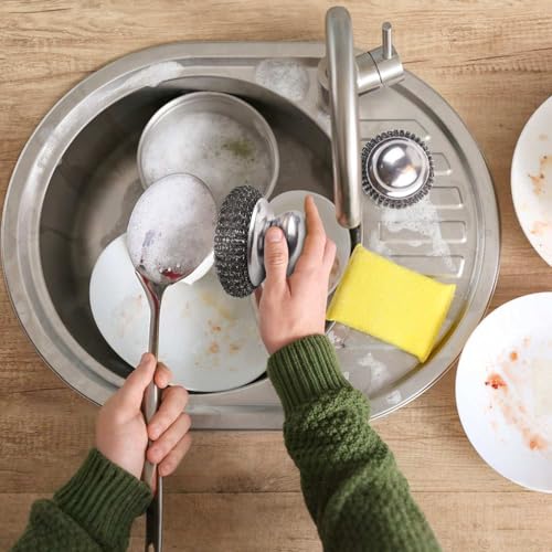 Image of 2 Pack Stainless Steel Wool Scrubber with Handle & 2 Pack Replacement Steel Scrubber Wool Pads for Cleaning Iron Pots Dishes Pans Metal Scrubbers for Kitchen Wash Sink Stoves Grills Pot Brush (Silver)