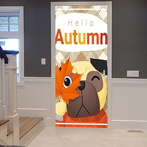 A.Monamour Pegatinas Decorativas de Puerta Autoadhesivo 3D Lindo Perro De Dibujos Animados En Otoño Tema Animal Vinilo para Puertas Mural PVC Pegatinas de Pared Cover