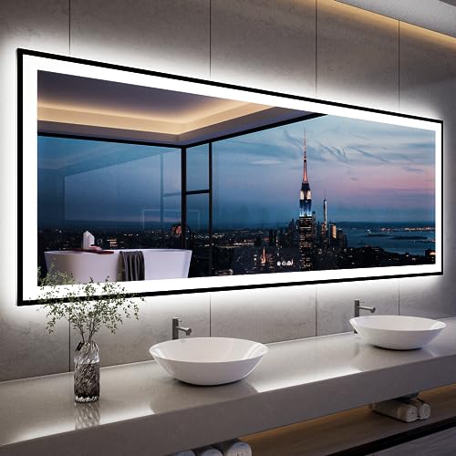 ISKM Framed LED Mirror for Bathroom 96"x36", Dimmable LED Bathroom Mirror with Lights, Anti-Fog, Front and Backlit Lighted Mirror 3-Colors, Shatterproof, Memory Function