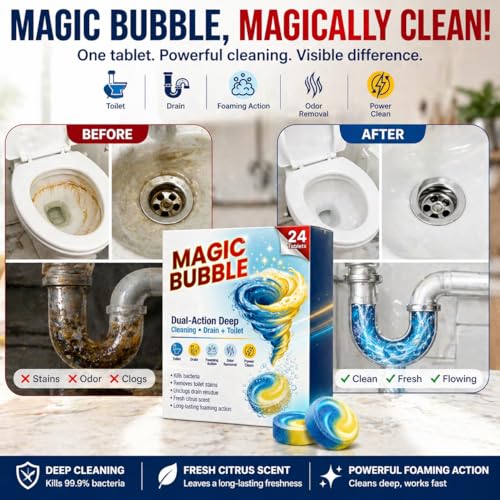 Image of Dual Action Magical Drain & Toilet Cleaner Tablets for Deep Cleaning & Odor Removal | Foaming Cleaning Tablets for Sink, Pipe & Toilet Unclogging Support | Fresh Citrus Fragrance (24)