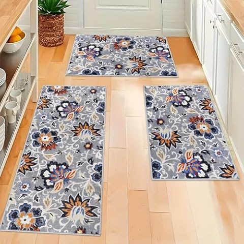 Homcomoda Boho Kitchen Mats 3 Piece Set Kitchen Rugs Non Slip Kitchen Mats for Floor Washable Kitchen Rugs and Mats Floral Kitchen Runner Rugs for Hallway Kitchen Laundry Cover