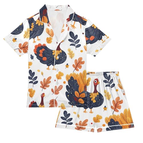 Satin Pajama Sets Short Sleeve Turkey Leaves Autumn Pattern Button Down Silky Nightwear 2 Piece PJS 5-14Y
