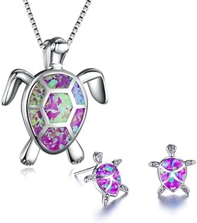 Ladies Turtle Jewellery Set For Women - Necklace Pendant & Matching Earrings - Girls Opal Enamel & Silver Plated Cute Charms - with Gift Box