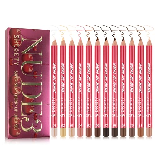 SHCOETY Silky Cherry Lip Liner Set, 12 Colors, Professional Makeup Pencils, Pink and Brown Shades