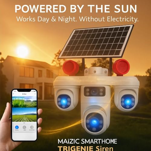 Image of Maizic Smarthome TRIGENIE Siren 4G Solar White 5MP�3 Triple Lens AI PTZ Outdoor Security Camera | 360� Pan View | Color Night Vision | Human Detection | 2-Way Audio | IP66 Waterproof