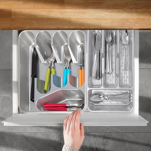 Small Tier Cutlery Tray Classic in Silver | BPA Free Plastic Drawer Organizer with 4 Compartments | Durable Kitchen Storage for Spoons Forks Knives Kids Cutlery | Space Saving Design - Image 6