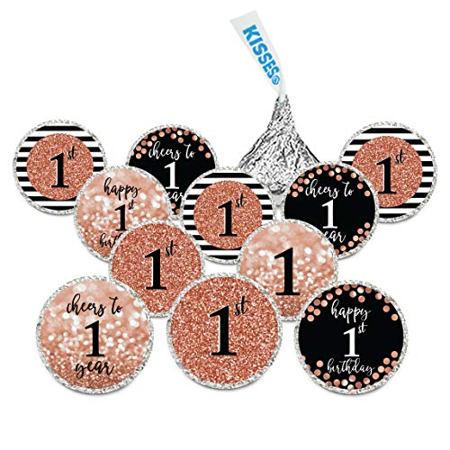 Andaz Press Glitzy Faux Rose Gold Glitter Milestone Chocolate Drop Labels, Cheers to 1 Year, 1st Birthday or Anniversary, 240-Pack, Not Real Glitter, Kisses Party Favors Colored Supplies