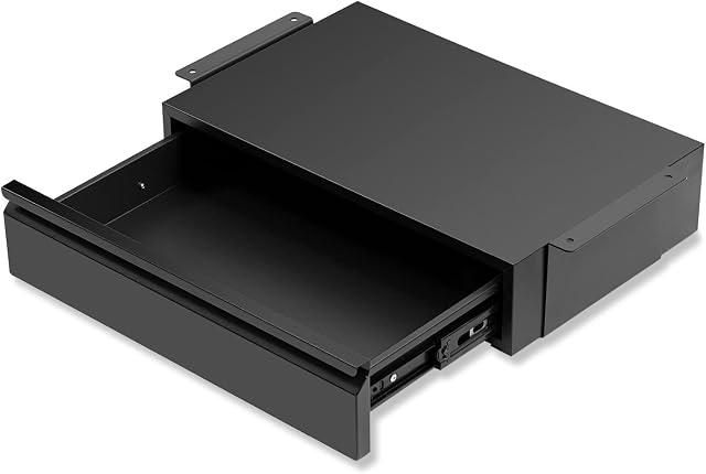 OSteed Under Desk Metal Drawer Black with Large Slide Extension, Pull-out Shelf Organizer Mounted Under Flat Wooden Table or Workbench