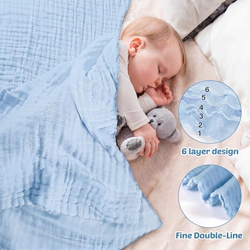 Image of Chumia 6 Pack Baby Muslin Bath Towels Bulk 43.3 x 43.3 Inch 6 Layer Soft Cotton Swaddle Receiving Blankets Breathable Quick Dry for Newborn Infant Toddler, Baby Shower Registry Gifts(Blue and White)