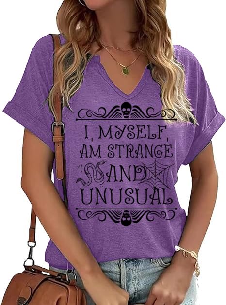 Halloween Shirts Women Horror Movie Graphic Tees I Myself Am Strange and Unusual Tshirts Spooky Gothic Fall V Neck Tops Purple
