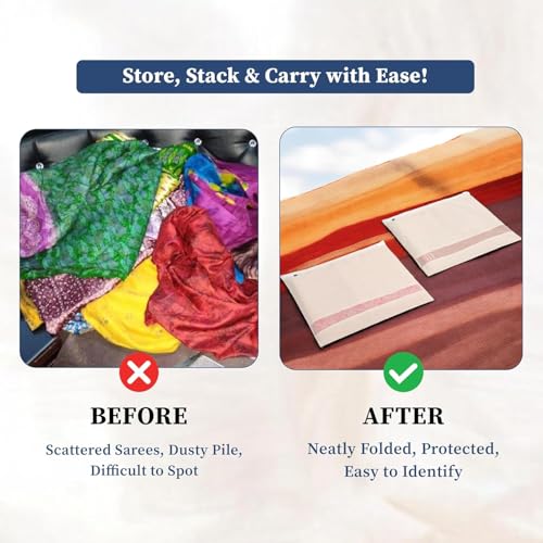 Image of VEDANTIKA Cotton Saree Covers for Storage Pack of 12 Big Size 16x14 Inch Saree Bags with Zip Transparent Mesh Window Saree Organizer for Wardrobe Clothes Storage Bags - Beige