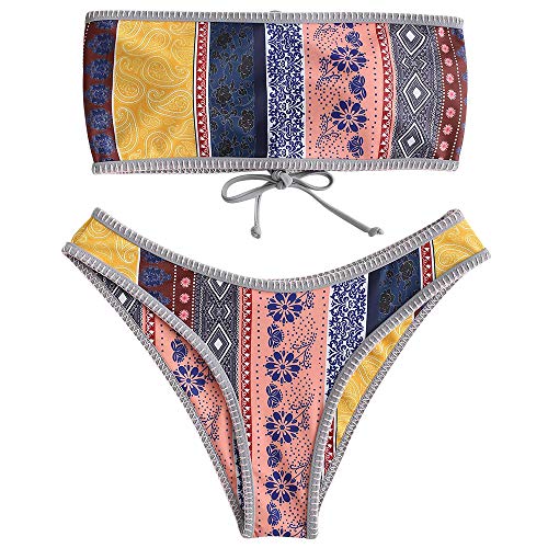 ZAFUL Women s Ethnic Floral Print Lace-Up Bandeau Bikini Set Two Piece Swimsuit (Multi-B, XL)