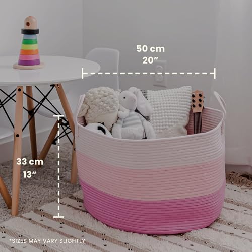 Image of OrganiHaus Round Toy Basket & Blanket Basket, Cotton Rope 20x13 inch | 3-Toned Pink - Round Cotton Rope Basket, 20x13 inch