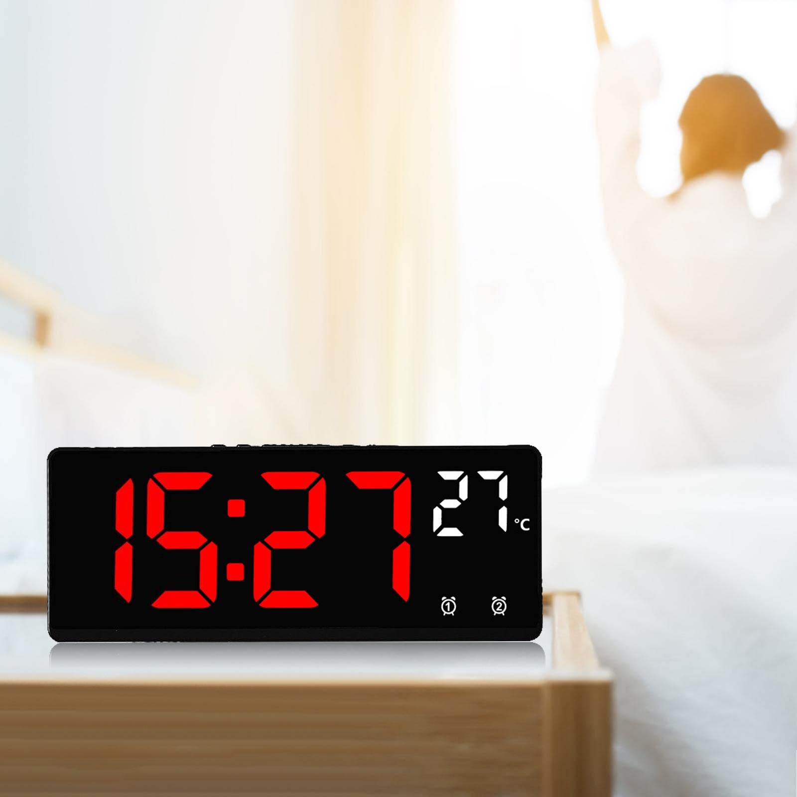 F Fityle Reloj Despertador Digital 12/24H LED Reloj electrónico Brillo Ajustable para Oficina Dormitorio Escritorio Niños, número Rojo