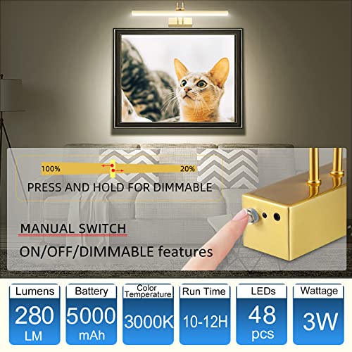 Funchday Picture Light Wireless, Battery Rechargeable Art Lamp With Remote, 280Lm Dimmable Led Painting Lighting, 16Inch Rotating Picture Lights For Paintings,Wall Display,Mirror (Brass) #TOP2