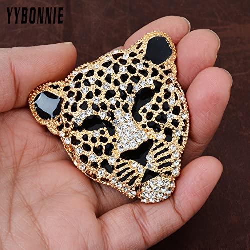 Image of Vintage Black Enamel Spotted Leopard Head Rhinestone CZ Animal Brooch Pin Lapel Pin Badge