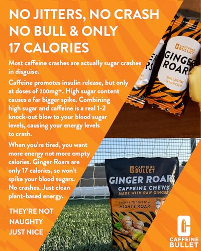 Image of Ginger Roars - 120 Caffeine Gummies - Plant Based Caffeine Chews Each 33mg Caffeine, Made from Root Ginger with a Natural Fiery Kick for Improved Energy for Running, Cycling, preworkout & Focus.