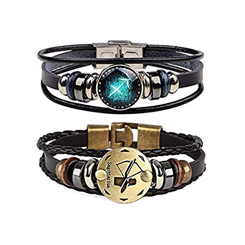2pcs Sagittarius Zodiac Gifts Bracelet for Women Men 12 Constellation Beaded Hand Woven Leather Bracelets Braided Punk Chain Cuff (Sagittarius)