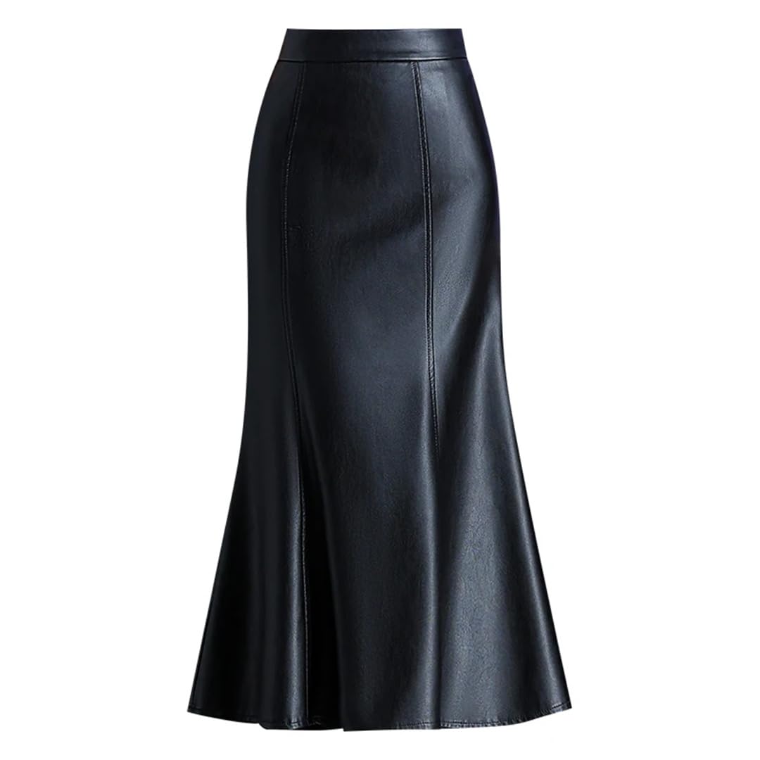 Kobiety czarna trąbka biuro eleganckie długie skóra PU szykowna wysoka talia Mi długość bodycon spódnice