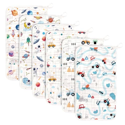 Baby Burp Cloths Muslin Washcloths 6 Pack Muslin Burp Cloths 100% Cotton Large 20''x12'' Soft 6 Layers Baby Burp Rags for Boys Girls Baby Essentials for Newborn Gift Machine Washable