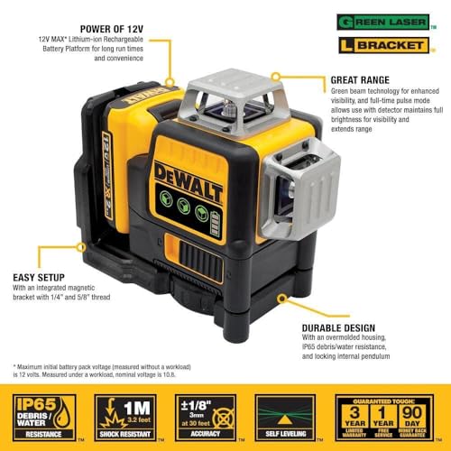 DEWALT Laser Level 360 Self Leveling, 3 Way Green Laser Leveler Tool 12V MAX with 2.0Ah Battery, Charger and Durable Carrying Case, 100 Ft, Tripod Compatible (DW089LG) thumbnail 2