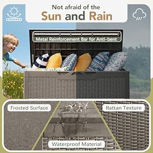 Flamaker Deck Box with Cushion 100 Gallon Waterproof Resin Storage Box with Air Rod Indoor Outdoor Lockable Storage Bench for Patio Furniture Tools Pool Accessories Brown