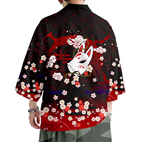 Image of DOSLAVIDA Men's Japanese Kimono Jacket Set Stylish Open Front Coat With Shorts Chinese Style Printed Cardigan Suit