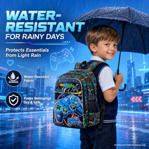 Image of CCJPX 3Pcs Gamer Backpack for Boys, 16 inch Kids Bookbag with Lunch Box, Cool Water Resistant Schoolbag for Preschool Kindergarten Toddler(Black)