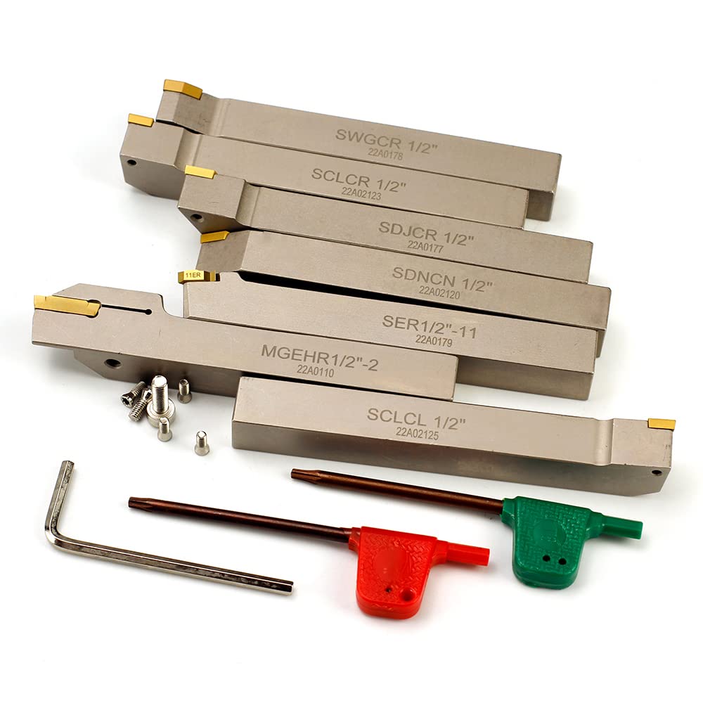 OSCARBIDE 1/2" Shank Heavy-Duty Nickel Plated Indexable Lathe Cutting Tools Set 7 Pieces, CNC & Metal Lathe Tool Holders for Turning, Grooving, Threading, Parting & Cut Off