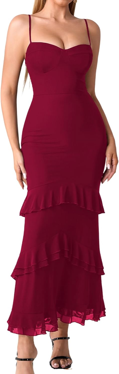 XinFSh Women Ruffle Bodycon Maxi Dress Spaghetti Strap Long Formal Wedding Guest Cocktail Party Dresses