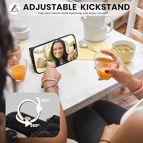 Keallce Case for iPhone 15 6.1\'\' Wallet Case, Crossbody Zipper Purse with Wrist Strap Lanyard Handbag for Women, RFID Blocking Card Holders, 360° Ring Kickstand Flip Leather Cover for iPhone 15, Black - Thumbnail 3