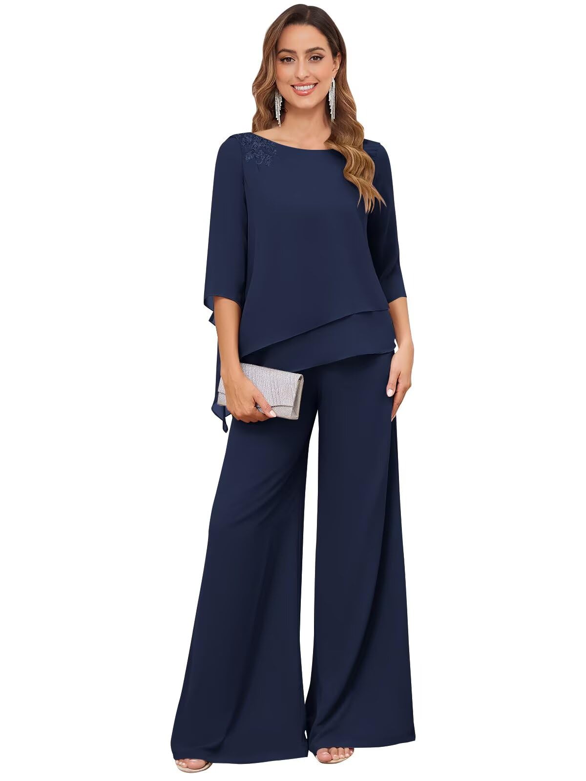 2 Piece Mother of The Bride Pant Suits for Women Dressy Chiffon Beaded Formal Wedding Guest Outfits Set