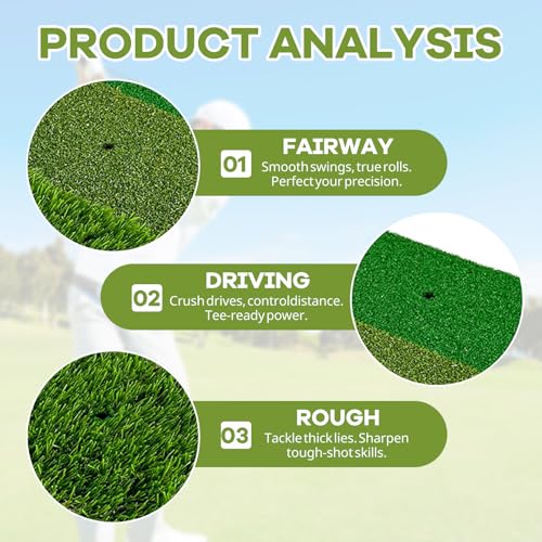 Golf Hitting Mat, 3-in-1 Golf Matt Outdoor Golf Practice Mats Heavy-Duty Foldable with Heavy Non-Slip Base Tri Turf, Ball Tray and Tees 23.6 x 11.8'' (60 x 30cm) - Image 4