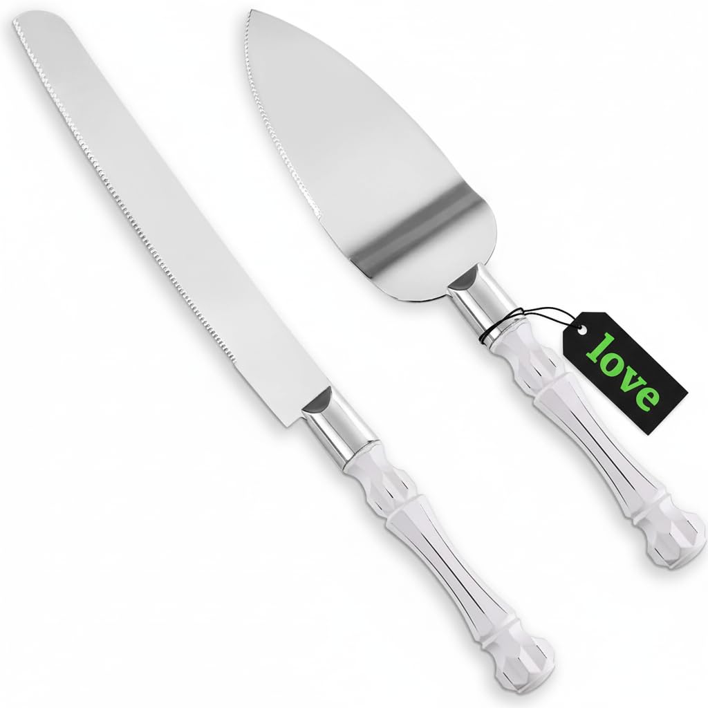 Homi styles White Elegant Cake Knife and Server Set, Cake Cutter and Pie Spatula, Cake Server and Knife Set of 2 with Thick Blades,Rustic Wedding Cake Cutting Set, Birthdays, Anniversaries,Parties