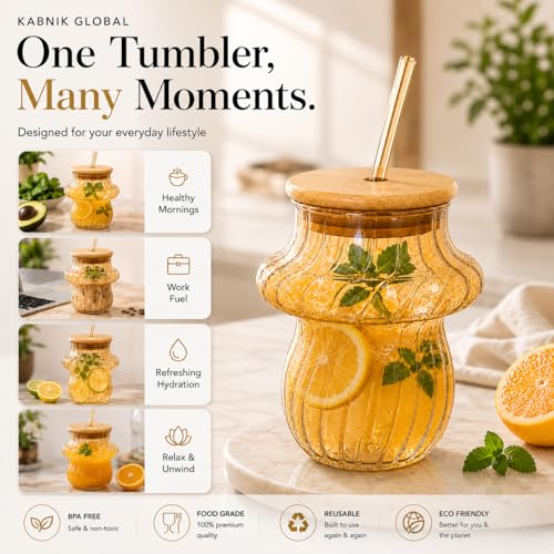 Image of Glass Tumblers with Wooden Lid and Glass Straw, 400ml, Borosilicate Glass, for Coffee, Iced Coffee, Juice and Smoothies, Coffee Mug, Sipper, Glass Tumbler (Golden - Mushroom Shape)