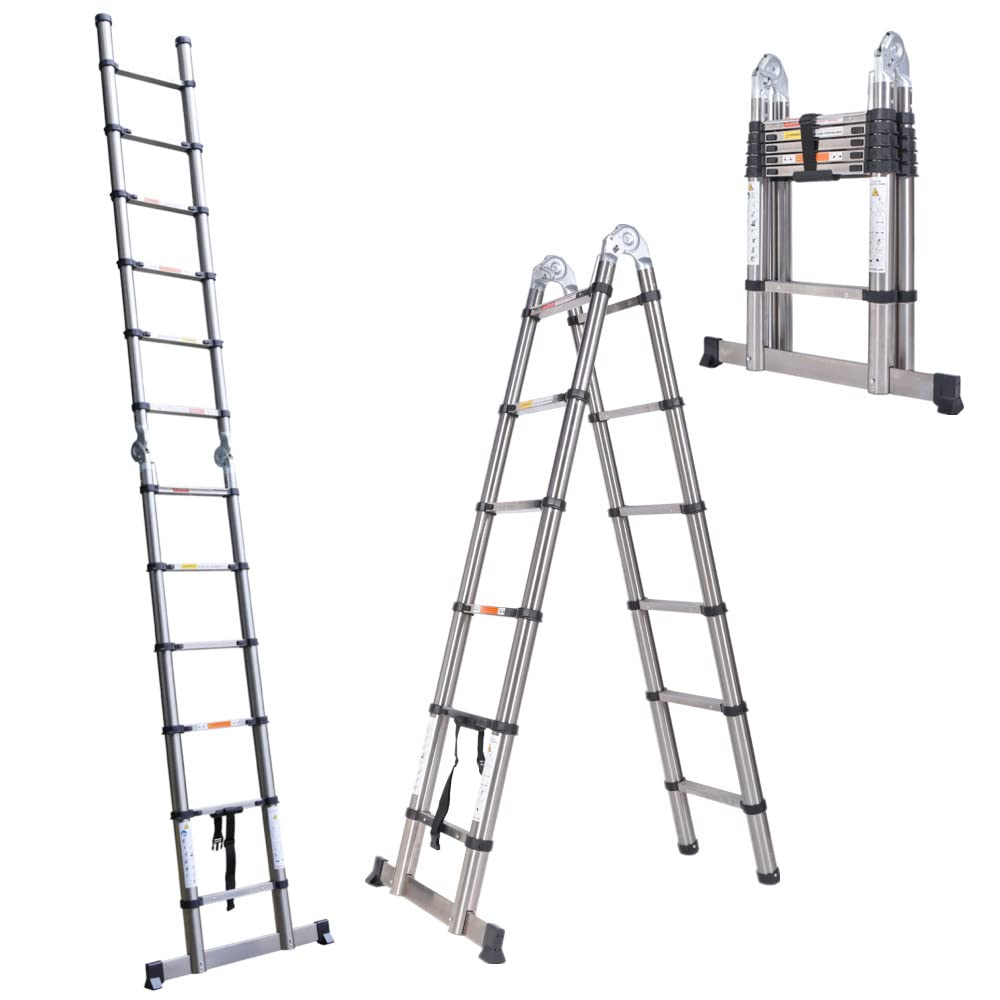 3.8M /1.9M+ 1.9M Multipurpose Telescopic Folding Ladder - Stainless Steel Telescoping Extension Ladder, Max Load 150kg/330lb, for Decorating, Painting — image 1